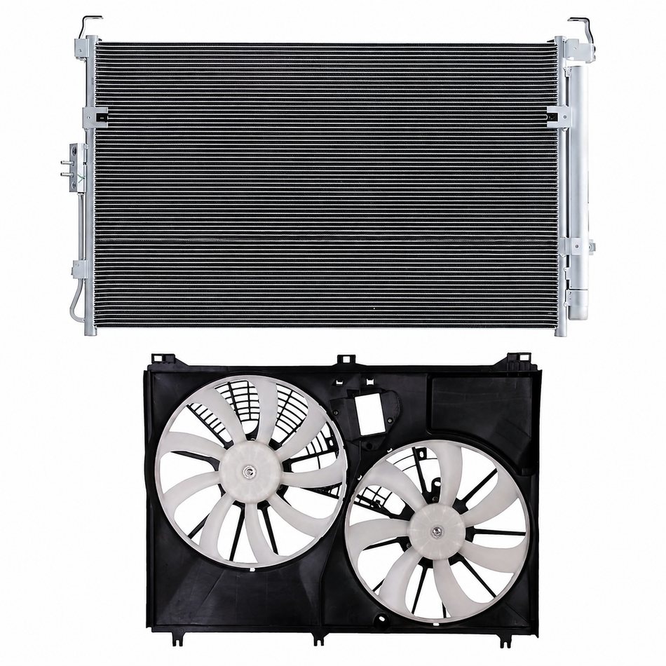 Cooling system parts including condenser and cooling fan assembly