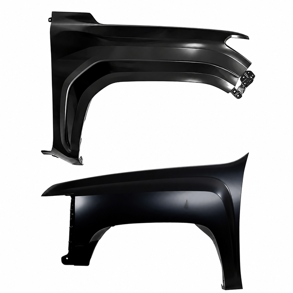 Pair of black automotive fenders on a white background  