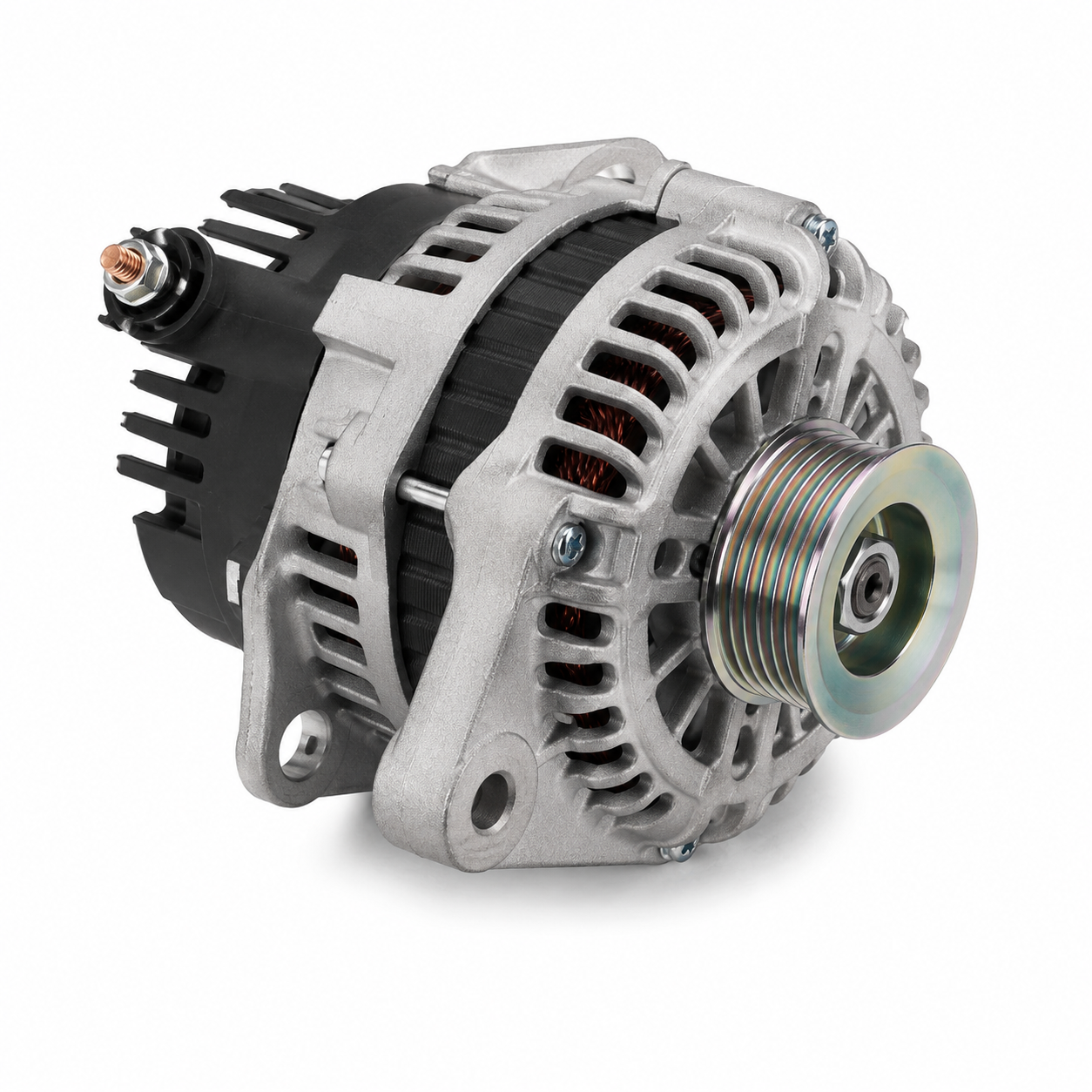 Automotive alternator assembly with integrated pulley for reliable charging and electrical system performance