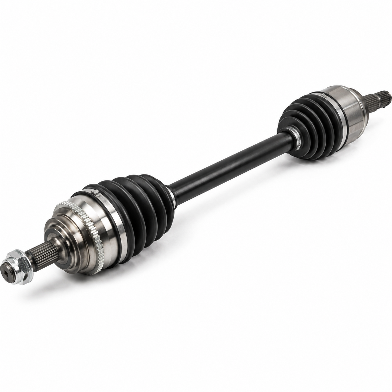 Automotive CV axle shaft assembly with constant velocity joints and protective rubber boots