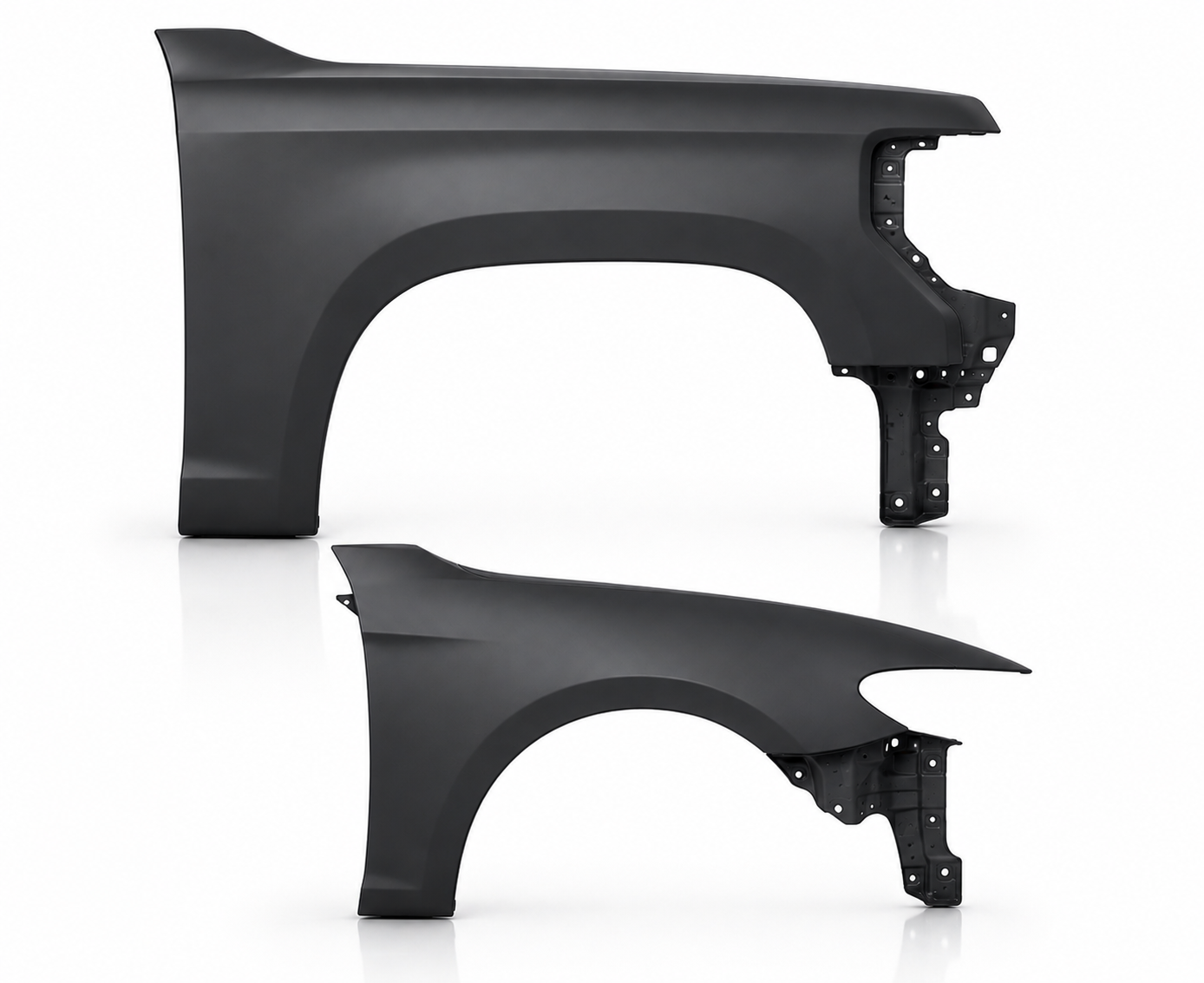 Automotive sedan and truck fenders in dark gray primer ready for paint