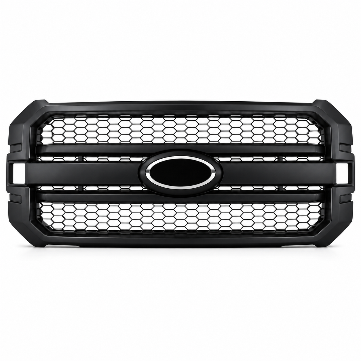 Black honeycomb front grille assembly with integrated center mounting area