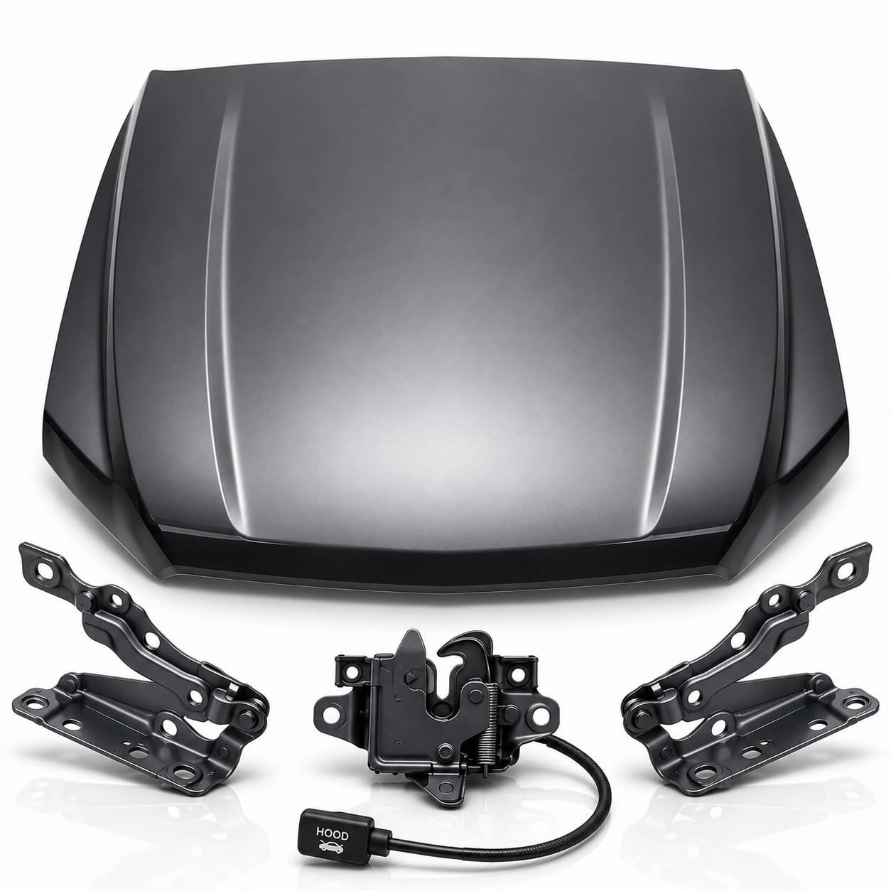 Automotive hood panel with hood hinges and latch assembly in dark gray primer finish