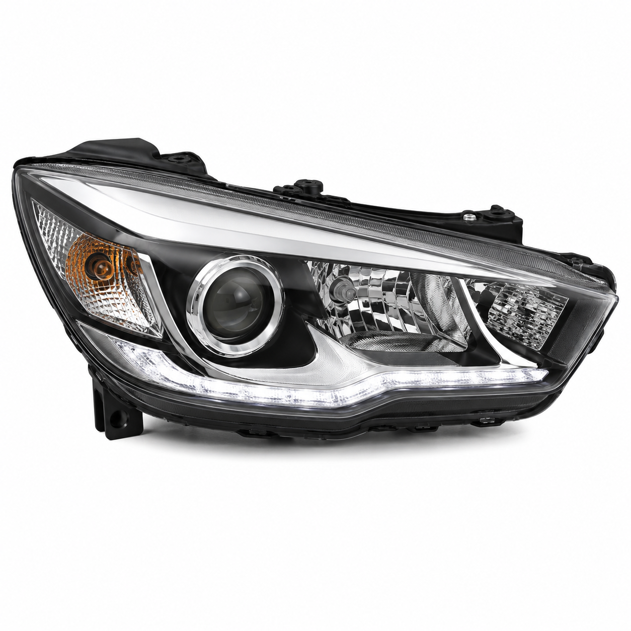 Automotive headlight assembly with integrated LED daytime running light and projector lens design