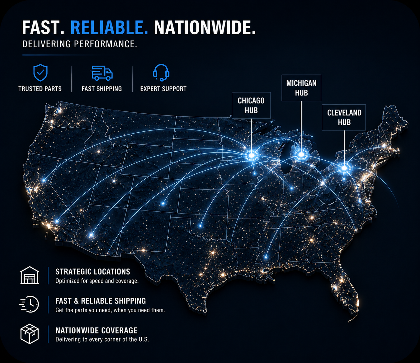 Local Auto Part nationwide shipping network map with strategic distribution hubs across the United
