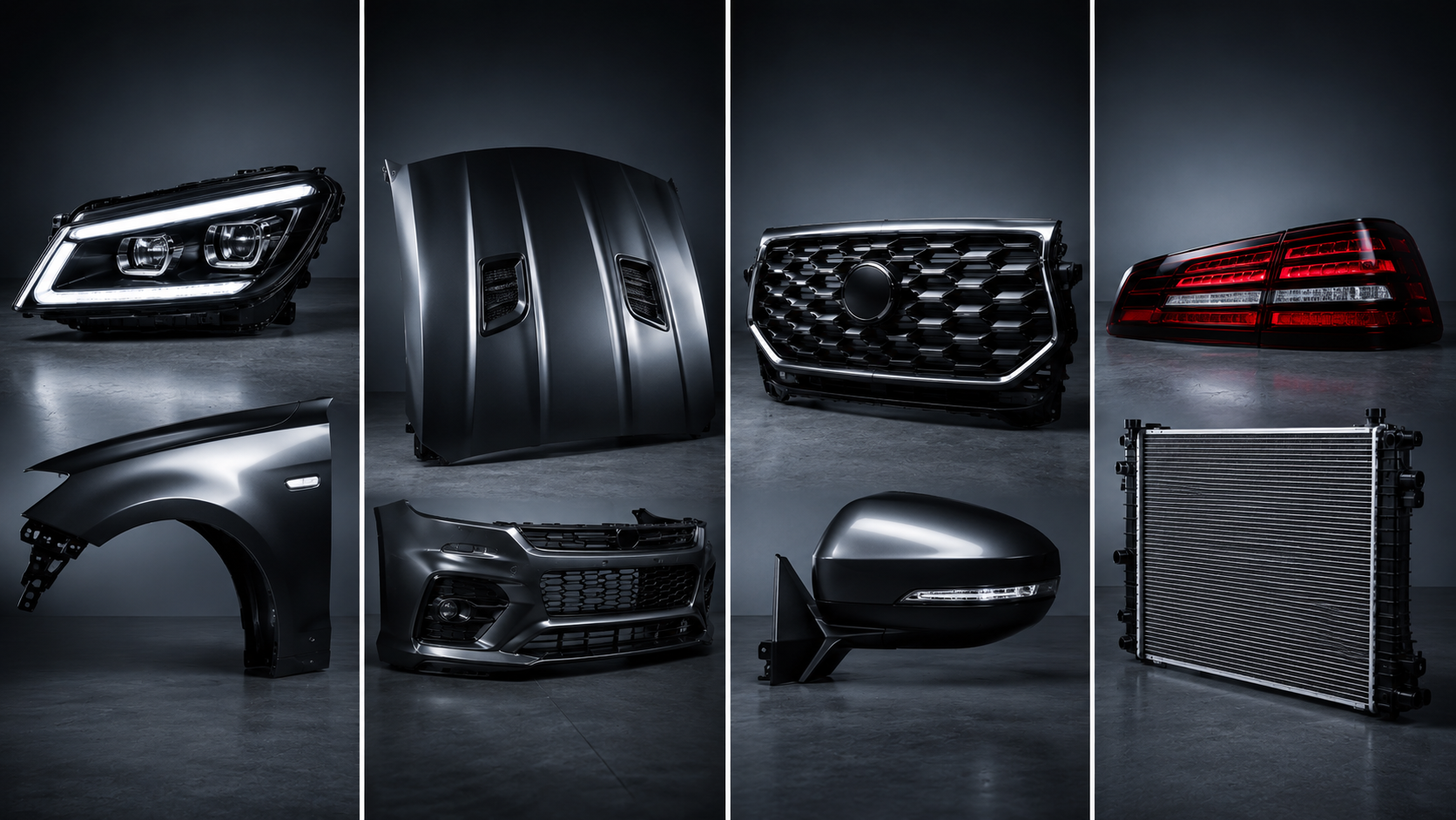 Premium automotive parts showcase for Local Auto Part featuring lighting, body, and cooling components