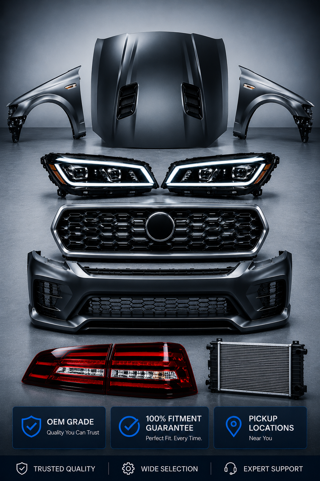 Local Auto Parts premium collection of headlights, bumpers, grilles, hoods, fenders, tail lights, and cooling system components with OEM-grade quality and guaranteed fitment.